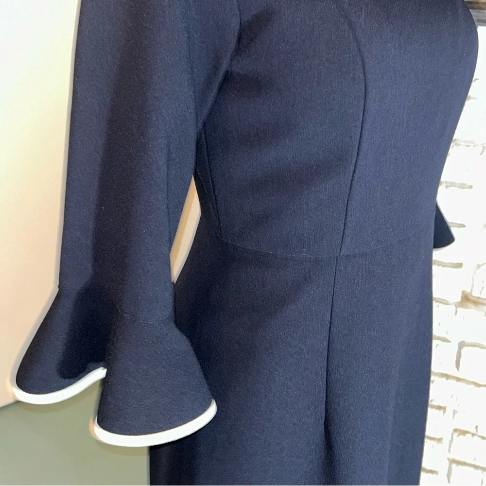 Nanette Lepore Navy Blue White Ruffle Midi Dress Long Sleeve Size 4